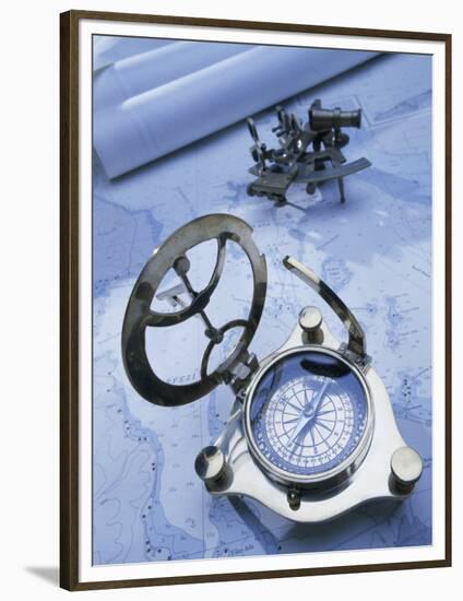 Compass with a Sextant and a Map-null-Framed Photographic Print