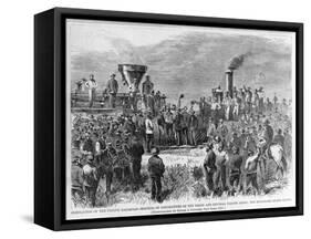 Completion of the Pacific Railroad - Meeting of Locomotives of the Union and Central Pacific Lines:-null-Framed Stretched Canvas