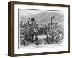 Completion of the Pacific Railroad - Meeting of Locomotives of the Union and Central Pacific Lines:-null-Framed Giclee Print