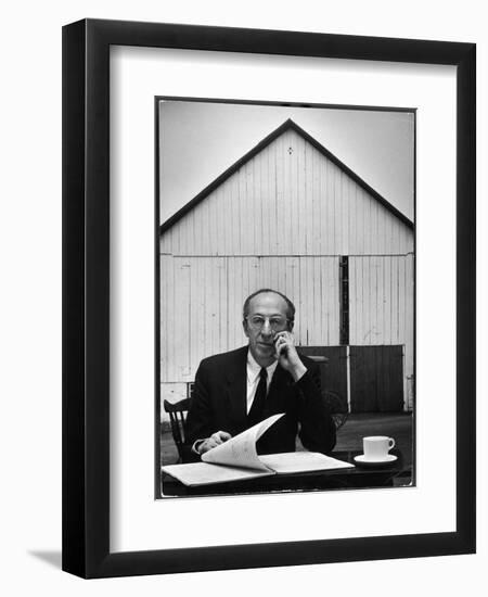Composer Arron Copland Sitting at Table with Score in Front of Barn-Gordon Parks-Framed Premium Photographic Print