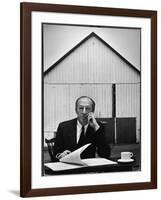 Composer Arron Copland Sitting at Table with Score in Front of Barn-Gordon Parks-Framed Photographic Print