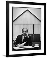 Composer Arron Copland Sitting at Table with Score in Front of Barn-Gordon Parks-Framed Photographic Print