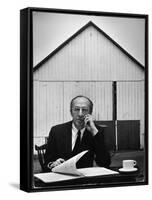 Composer Arron Copland Sitting at Table with Score in Front of Barn-Gordon Parks-Framed Stretched Canvas