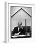 Composer Arron Copland Sitting at Table with Score in Front of Barn-Gordon Parks-Framed Photographic Print