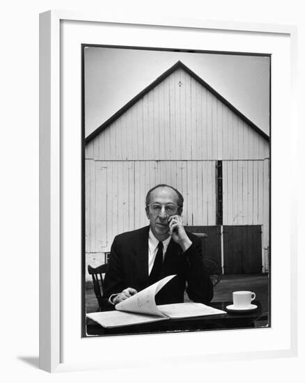 Composer Arron Copland Sitting at Table with Score in Front of Barn-Gordon Parks-Framed Photographic Print