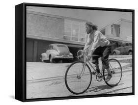 Composer Eden Ahbez Enjoying a Bike Ride-Peter Stackpole-Framed Stretched Canvas