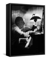 Composer Igor Stravinsky Working at a Piano in an Empty Dance Hall in Venice-Gjon Mili-Framed Stretched Canvas