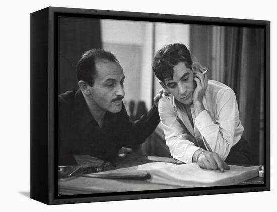 Composer Marc Blitzstein with Conductor/Composer Leonard Bernstein Studying Score of Blitzstein-W^ Eugene Smith-Framed Stretched Canvas