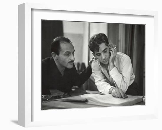 Composer Marc Blitzstein with Conductor/Composer Leonard Bernstein Studying Score of Blitzstein-W^ Eugene Smith-Framed Premium Photographic Print