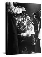 Composer Pianist Duke Ellington Playing Piano Amidst Two Trombonists during After Hours Jam Session-Gjon Mili-Stretched Canvas