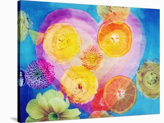 Composing of Blossoms and Slices of Orange Infront of Painted Heart-Alaya Gadeh-Stretched Canvas