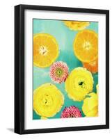 Composing of Blossoms and Slices of Orange on Blue Underground-Alaya Gadeh-Framed Photographic Print