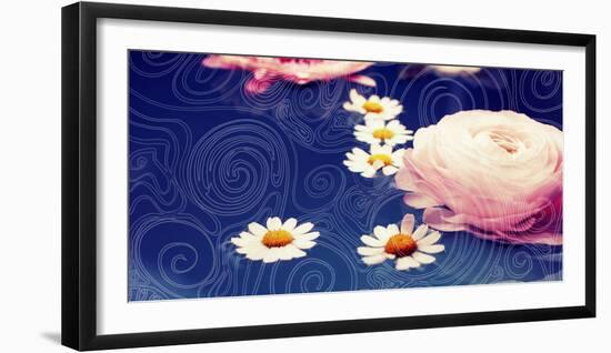 Composing of Blossoms on Ornated Pattern in Blue-Alaya Gadeh-Framed Photographic Print