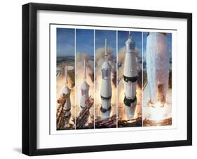 Composite 5 Frame Shot of Gantry Retracting While Saturn V Boosters Lift Off to Carry Apollo 11-Ralph Morse-Framed Photographic Print