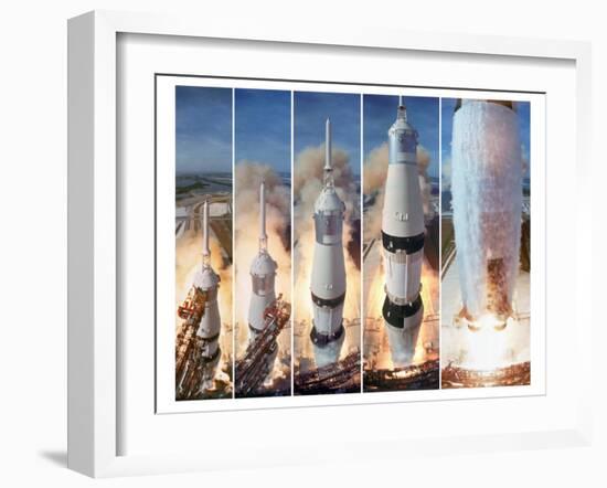 Composite 5 Frame Shot of Gantry Retracting While Saturn V Boosters Lift Off to Carry Apollo 11-Ralph Morse-Framed Photographic Print