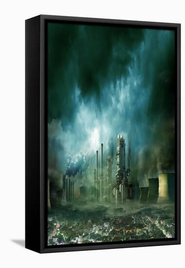 Composition of Futuristic City with Huge Factory Covered in Dark Clouds and Smog Pollution-PlusONE-Framed Stretched Canvas