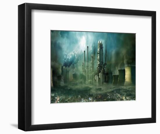 Composition of Futuristic City with Huge Factory Covered in Dark Clouds and Smog Pollution-PlusONE-Framed Photographic Print