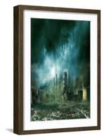 Composition of Futuristic City with Huge Factory Covered in Dark Clouds and Smog Pollution-PlusONE-Framed Photographic Print