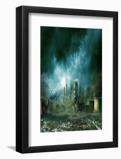 Composition of Futuristic City with Huge Factory Covered in Dark Clouds and Smog Pollution-PlusONE-Framed Photographic Print
