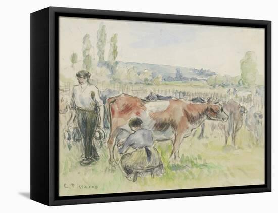 Compositional Study of a Milking Scene at Eragny-Sur-Epte, 1884 (Watercolour over Black Chalk)-Camille Pissarro-Framed Stretched Canvas