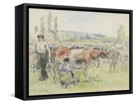 Compositional Study of a Milking Scene at Eragny-Sur-Epte, 1884 (Watercolour over Black Chalk)-Camille Pissarro-Framed Stretched Canvas