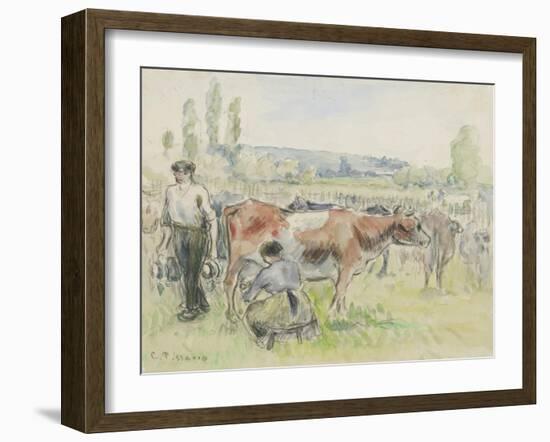 Compositional Study of a Milking Scene at Eragny-Sur-Epte, 1884 (Watercolour over Black Chalk)-Camille Pissarro-Framed Giclee Print