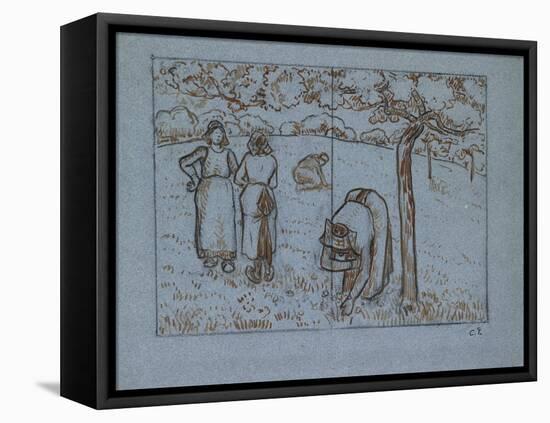 Compositional Study of Four Female Peasants Working in an Orchard ('Spring')-Camille Pissarro-Framed Stretched Canvas