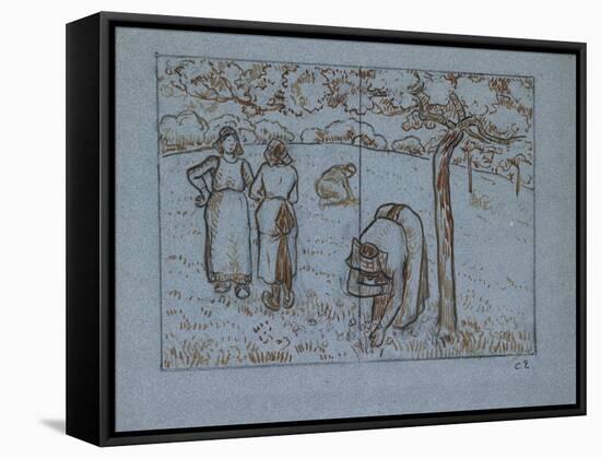 Compositional Study of Four Female Peasants Working in an Orchard ('Spring')-Camille Pissarro-Framed Stretched Canvas