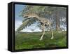 Compsognathus Dinosaur under Fir Tree-null-Framed Stretched Canvas