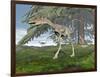 Compsognathus Dinosaur under Fir Tree-null-Framed Art Print