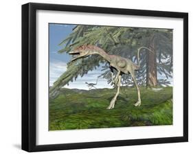 Compsognathus Dinosaur under Fir Tree-null-Framed Art Print