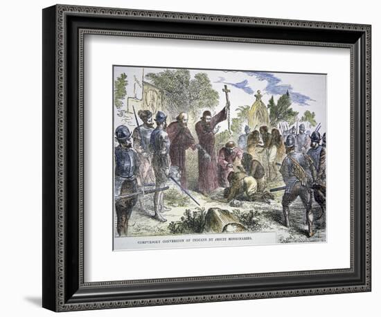 Compulsory Conversion of Native Americans to Christianity by Spanish Jesuit Missionaries, c.1500-null-Framed Giclee Print