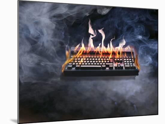 Computer Keyboard on Fire and Smoking-null-Mounted Photographic Print