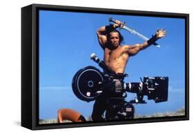 Conan the Barbarian 1982 Directed by John Milius on the Set, Arnold Schwarzenegger.-null-Framed Stretched Canvas