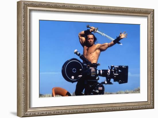 Conan the Barbarian 1982 Directed by John Milius on the Set, Arnold Schwarzenegger.-null-Framed Photo