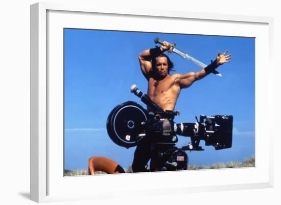 Conan the Barbarian 1982 Directed by John Milius on the Set, Arnold Schwarzenegger.-null-Framed Photo