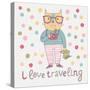 Concept Cat Hipster in Cartoon Funny Style. Vector Childish Card with Funny Cat. Travel Concept in-smilewithjul-Stretched Canvas