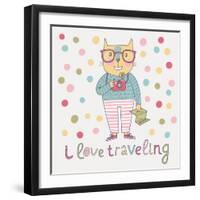 Concept Cat Hipster in Cartoon Funny Style. Vector Childish Card with Funny Cat. Travel Concept in-smilewithjul-Framed Art Print