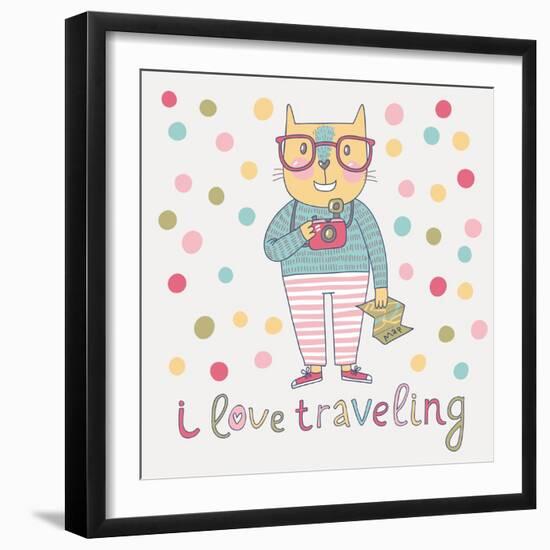 Concept Cat Hipster in Cartoon Funny Style. Vector Childish Card with Funny Cat. Travel Concept in-smilewithjul-Framed Art Print