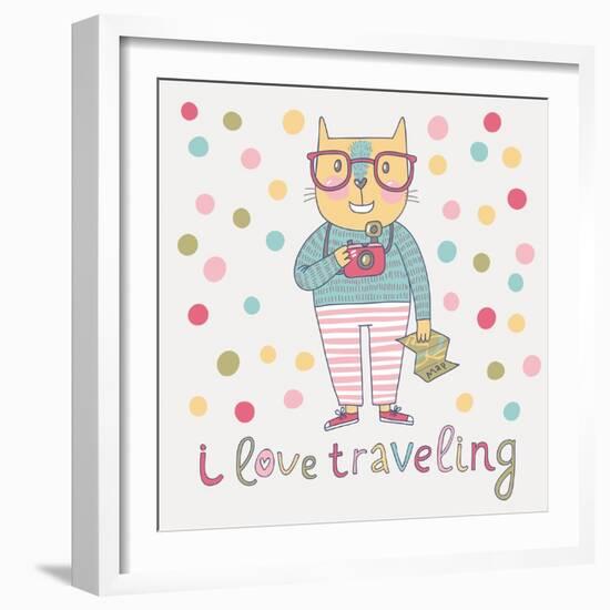 Concept Cat Hipster in Cartoon Funny Style. Vector Childish Card with Funny Cat. Travel Concept in-smilewithjul-Framed Art Print