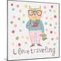 Concept Cat Hipster in Cartoon Funny Style. Vector Childish Card with Funny Cat. Travel Concept in-smilewithjul-Mounted Art Print