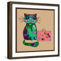 Concept Cat in Cartoon Style. Vector Illustration. Travel Concept: the Cat and a Suitcase to Travel-De Visu-Framed Art Print