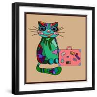 Concept Cat in Cartoon Style. Vector Illustration. Travel Concept: the Cat and a Suitcase to Travel-De Visu-Framed Art Print