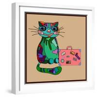 Concept Cat in Cartoon Style. Vector Illustration. Travel Concept: the Cat and a Suitcase to Travel-De Visu-Framed Art Print