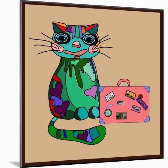 Concept Cat in Cartoon Style. Vector Illustration. Travel Concept: the Cat and a Suitcase to Travel-De Visu-Mounted Art Print