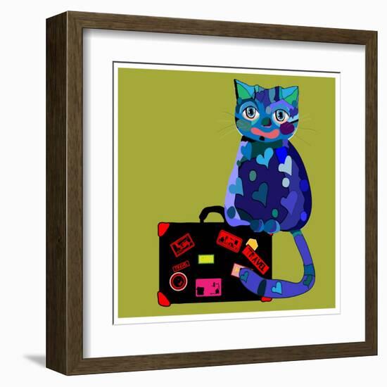 Concept Cat in Cartoon Style. Vector Illustration. Travel Concept: the Cat and a Suitcase to Travel-De Visu-Framed Art Print