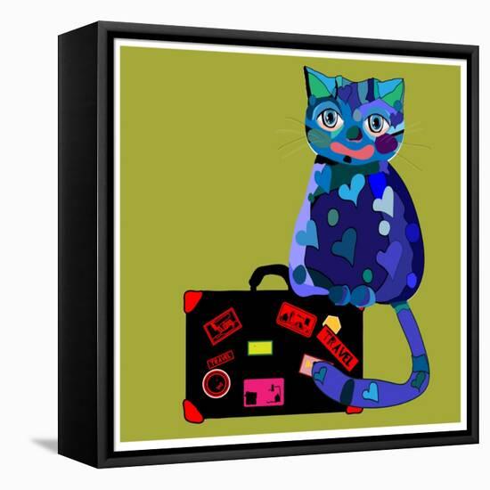 Concept Cat in Cartoon Style. Vector Illustration. Travel Concept: the Cat and a Suitcase to Travel-De Visu-Framed Stretched Canvas