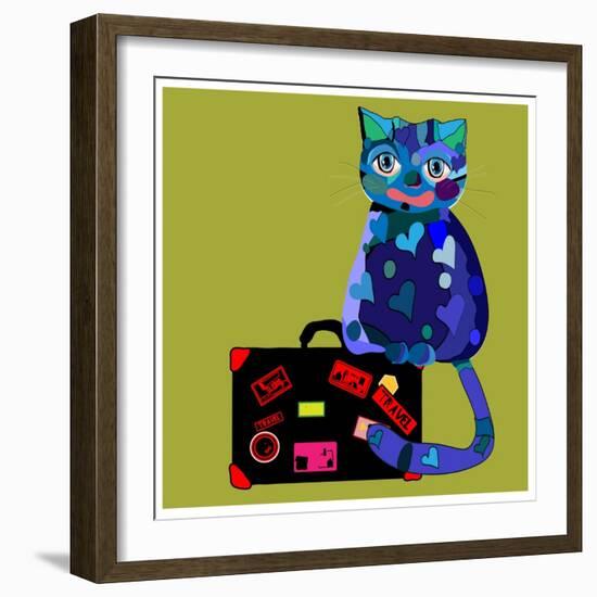 Concept Cat in Cartoon Style. Vector Illustration. Travel Concept: the Cat and a Suitcase to Travel-De Visu-Framed Art Print