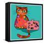 Concept Cat in Cartoon Style. Vector Illustration. Travel Concept: the Cat and a Suitcase to Travel-De Visu-Framed Stretched Canvas