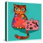 Concept Cat in Cartoon Style. Vector Illustration. Travel Concept: the Cat and a Suitcase to Travel-De Visu-Stretched Canvas